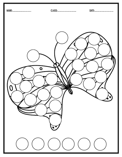 Schattig vlinder kleurboek voor kinderen. Dot Markers werkbladen voor de kleuterschool.