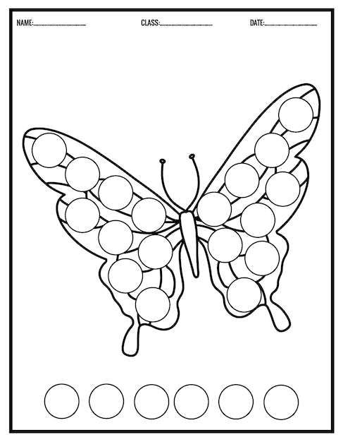 Schattig vlinder kleurboek voor kinderen. Dot Markers werkbladen voor de kleuterschool.