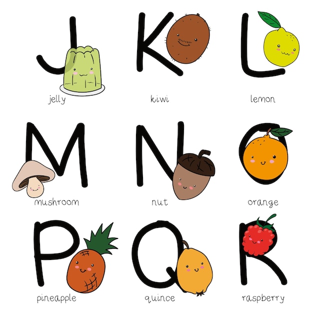 Schattig voedsel van J tot K letters gelei kiwi citroen champignonnoot sinaasappel ananas kweepeer en framboos