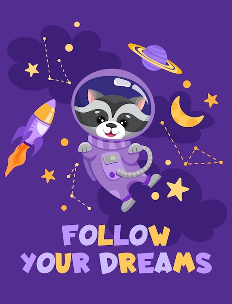 Schattig wasbeer astronaut in pak vliegen in open ruimte dier verkennen universum met planeten sterren voor kinderen wenskaart met slogan Cartoon platte vectorillustratie afdrukken