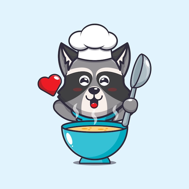 Schattig wasbeer chef-kok mascotte stripfiguur met soep