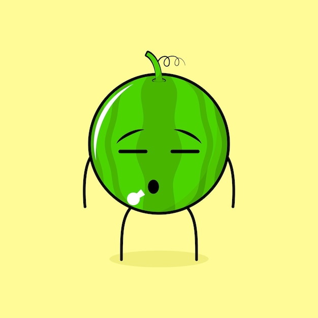 schattig watermeloenkarakter met vlakke uitdrukking. groen en geel. gebruikt voor emoticon, logo, mascotte
