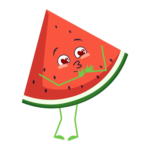 Schattig watermeloenkarakter wordt verliefd op ogen, harten, gezicht, armen en benen. de grappige of glimlachemoties fruit of bes met ogen. platte vectorillustratie