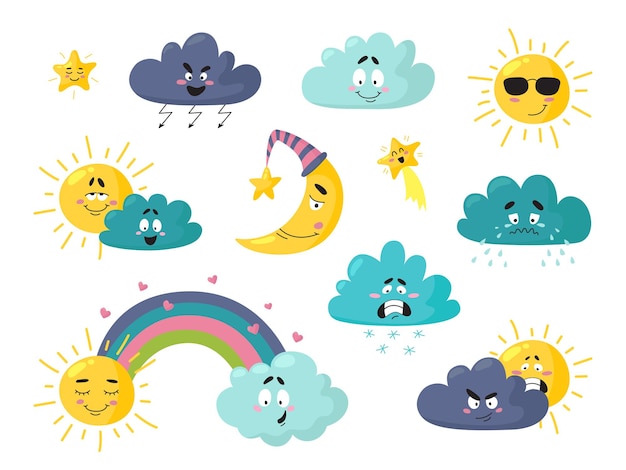 Schattig weer regen boos wolk vreugde zon geïsoleerde zonneschijn weerbericht iconen kinderachtig cartoon grappige karakters maan en ster stijlvolle vector set