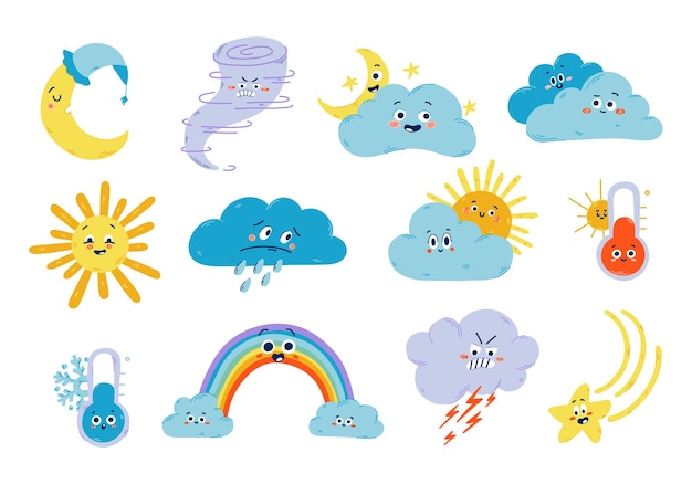 Schattig weer vectorillustratie Grappige icon set van zon wolk maan storm regen en thermometer