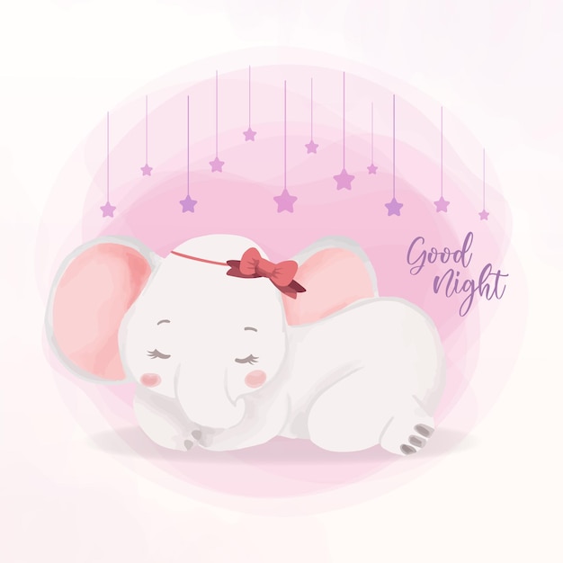 Schattig welterusten slapende kleine babyolifant met ster aquarel dier met lint illustratie