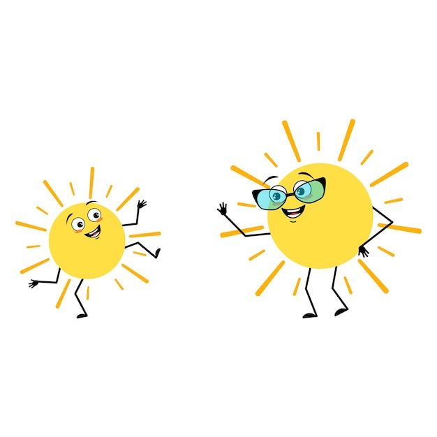 Schattig zon karakter met bril en kleinzoon dansen karakter met gelukkig emotie blij gezicht glimlach ogen armen en benen persoon met grappige uitdrukking en pose platte vectorillustratie