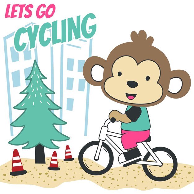 Schattige aap fietsen Trendy kinderen grafische vectorillustratie TShirt ontwerp voor kinderen Ontwerpelementen voor kinderen