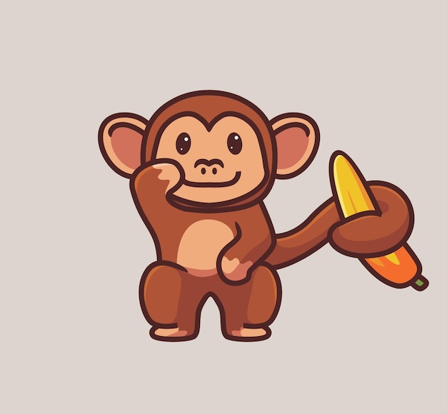 Schattige aap met een banaan met zijn staart geïsoleerde cartoon dierlijke natuur illustratie flat style