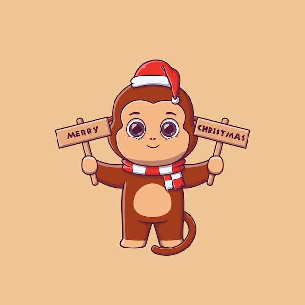 Vector schattige aap met houten bord met kerstgroeten