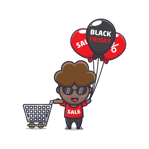 Schattige afro jongen in zwarte vrijdag verkoop cartoon mascotte illustratie