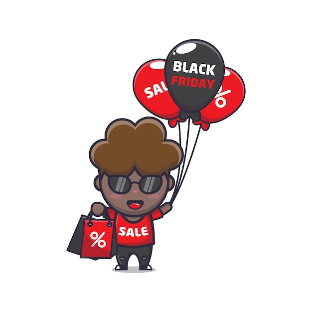 schattige afro jongen in zwarte vrijdag verkoop cartoon mascotte illustratie