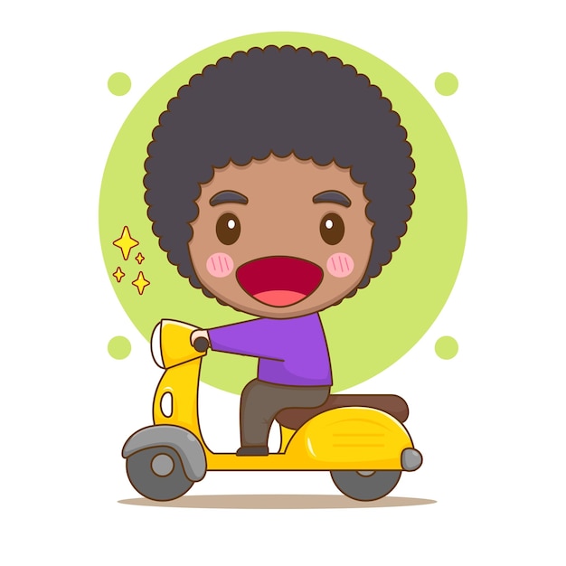 Schattige afro jongen rijden motorfiets chibi stripfiguur