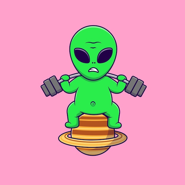 Schattige Alien Barbell Opheffen Op Planeet Cartoon Vector Pictogrammen Illustratie