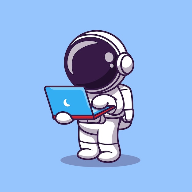 Schattige astronaut bezig met laptop Cartoon vectorillustratie pictogram. Wetenschap technologie pictogram