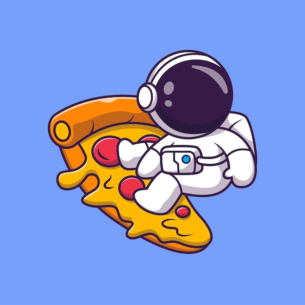 Vector schattige astronaut surfen op pizza cartoon vector pictogram illustratie wetenschap voedsel pictogram concept geïsoleerd