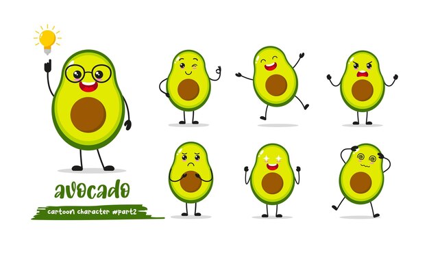 schattige avocado cartoon met veel uitdrukkingen fruit verschillende activiteit pose plat ontwerp