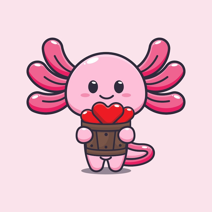 Vector schattige axolotl mascotte stripfiguur illustratie in valentijnsdag