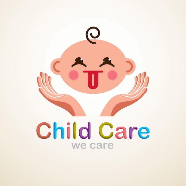 Schattige baby cartoon vector platte pictogram, schattig kind tong kind emoji tonen. Met tedere handen van zorg van moeder of oppas. Kan gebruikt worden als logo.