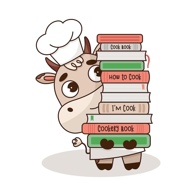 Vector schattige baby chef-kok koe met kookboeken kleine koe kok mascotte karakter cartoon vectorillustratie