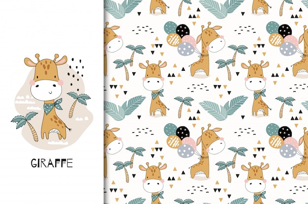 Schattige baby giraffe dierlijke karakter. kaart en naadloze patroonreeks. hand getekend textiel ontwerp illustratie