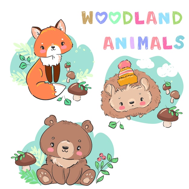 Vector schattige baby hedgehog fox bear hand getrokken vector illustratie set woodland kids print design