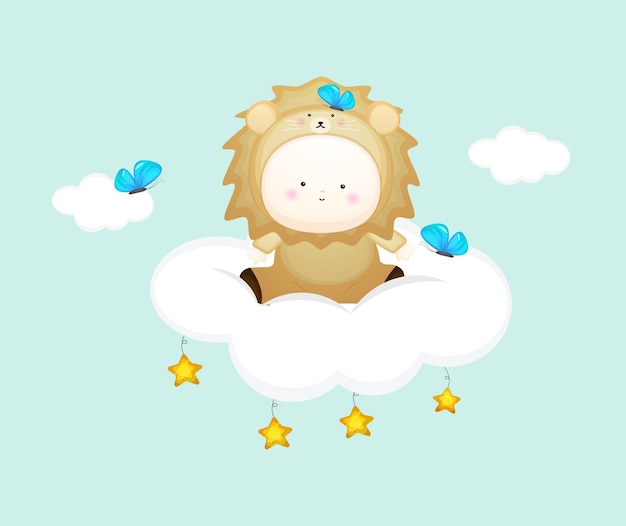 Schattige baby in leeuwenkostuum zit op de wolk. mascotte cartoon afbeelding premium vector