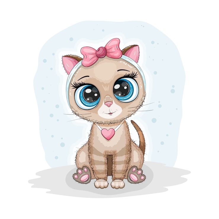 Vector schattige baby kat met grote ogen en roze strik, kid print