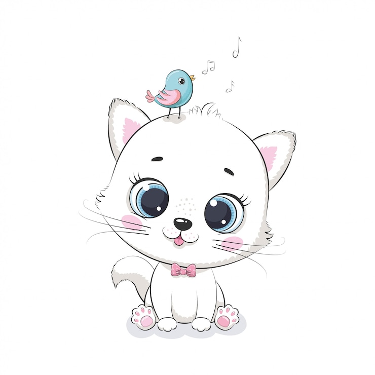 Vector schattige baby kat met vogel. illustratie voor babydouche, wenskaart, uitnodiging voor feest, mode kleding t-shirt print.
