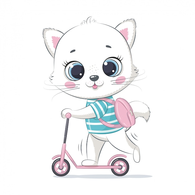 Schattige baby kitten op de scooter. illustratie voor babydouche, wenskaart, uitnodiging voor feest, mode kleding t-shirt print.