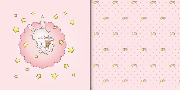 Schattige baby konijntje smoothie drinken op een roze wolk met sterren naadloze patroon