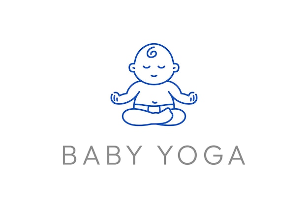 Schattige baby mediteren in lotus houding voor yoga studio embleem logo ontwerpsjabloon in lijnstijl