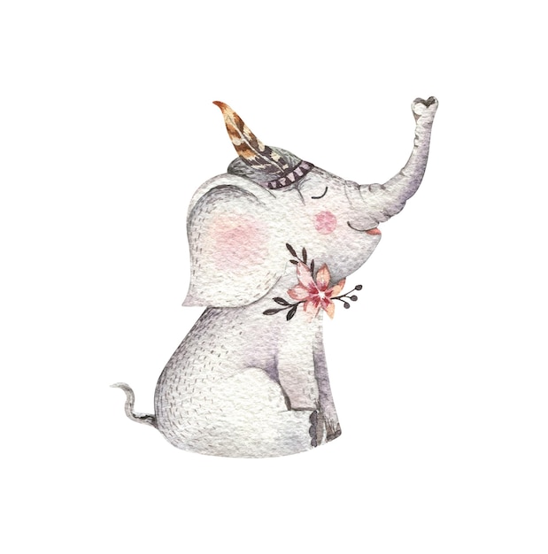 Schattige baby olifant kwekerij dier geïsoleerde illustratie voor kinderen Boheemse aquarel boho bos olifant familie tekening aquarel afbeelding Perfect voor kinderkamer posters patronen Verjaardag uitnodigen