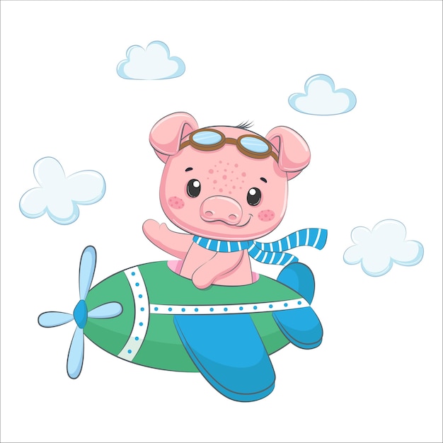 Schattige baby piggy vliegt op een vliegtuig. cartoon vectorillustratie.