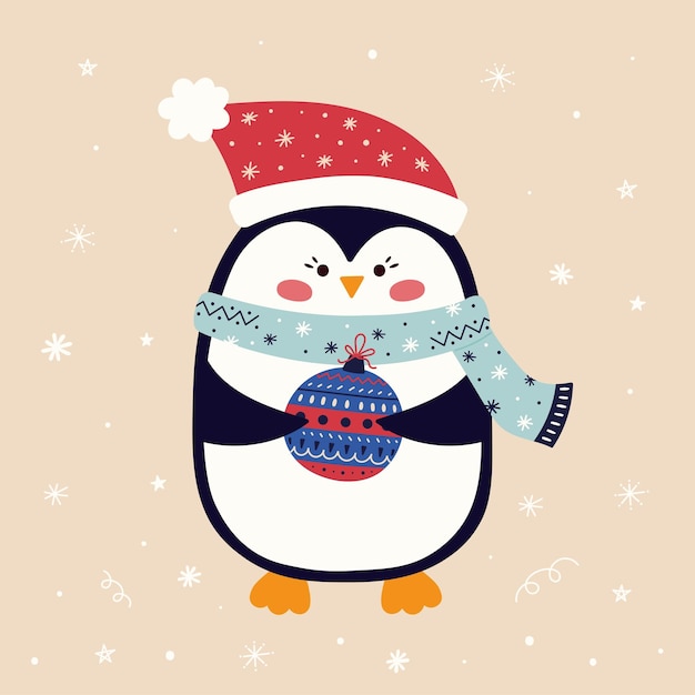 Vector schattige baby pinguïn poster met kerst bal vectorillustratie