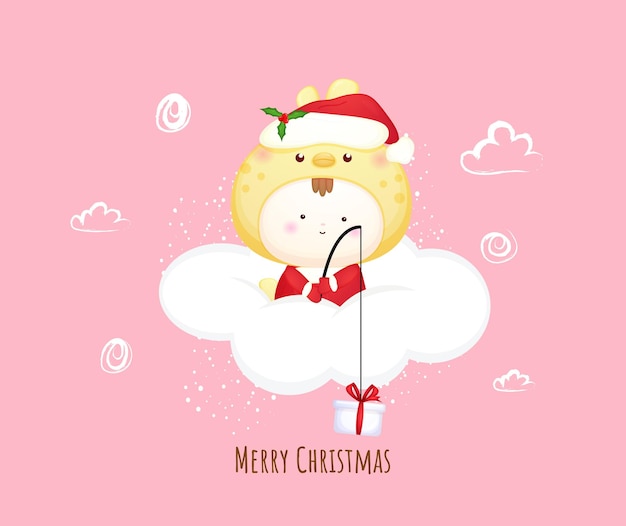 Schattige baby-santa op de wolk voor vrolijke kerstmisillustratie Premium Vector