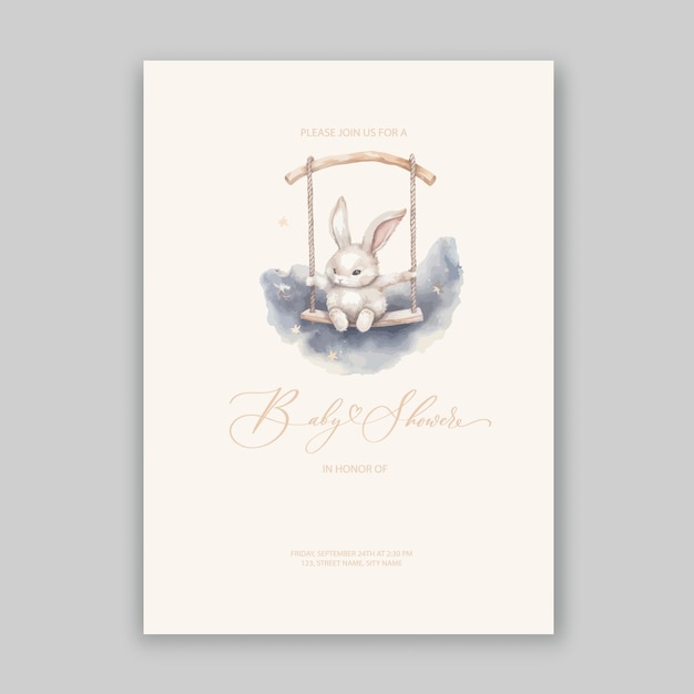 Schattige baby shower aquarel uitnodiging met pluche konijn speelgoed