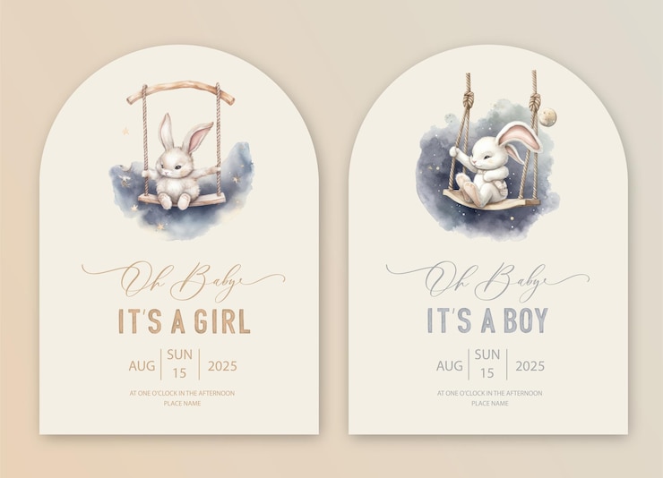 Vector schattige baby shower aquarel uitnodigingskaart voor baby met konijntje op een schommel in de wolken