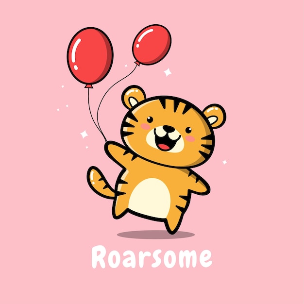 Schattige baby tijger met ballonnen cartoon afbeelding Schattig kawaii dier karakter