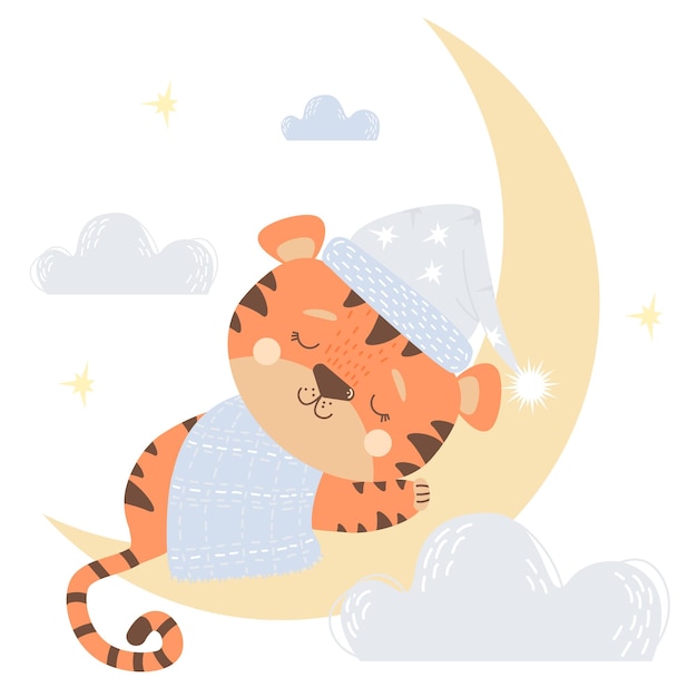 Schattige baby tijgerjongen in slaapmuts slaapt op de maan naast blauwe wolken Decoratieve Vector Baby animal