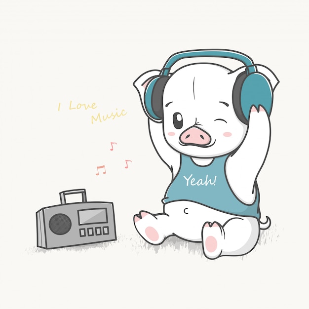 Schattige baby varken muziek luisteren