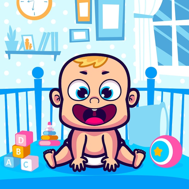 Vector schattige baby zit in de wieg cartoon