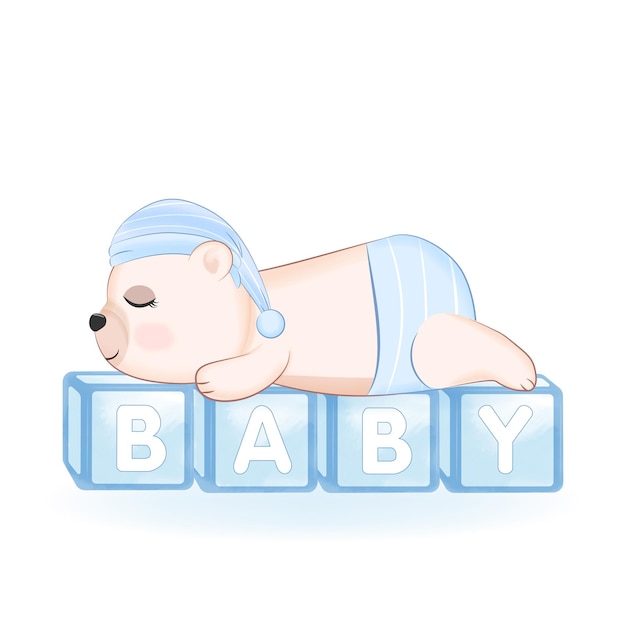 Schattige babybeer slaapt op de illustratie van de babyspeelgoeddoos