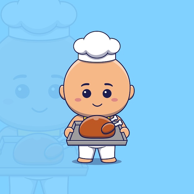 Schattige babychef met een dienblad met gebraden kip