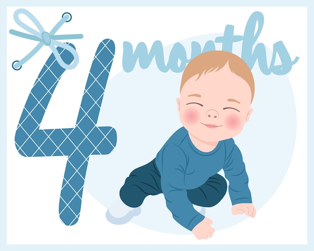 Schattige babyjongen in blauw pak, kaart met strik voor de verjaardag van kinderen. illustratie, afdrukken, vector