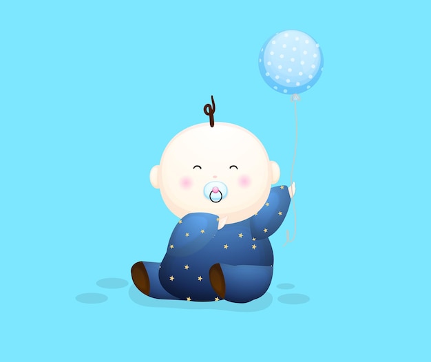 Schattige babyjongen met een ballon stripfiguur. Baby concept illustratie Premium Vector