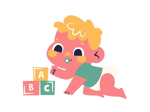 Schattige babyjongen spelen met alfabetblokken schattig klein kind plezier vectorillustratie