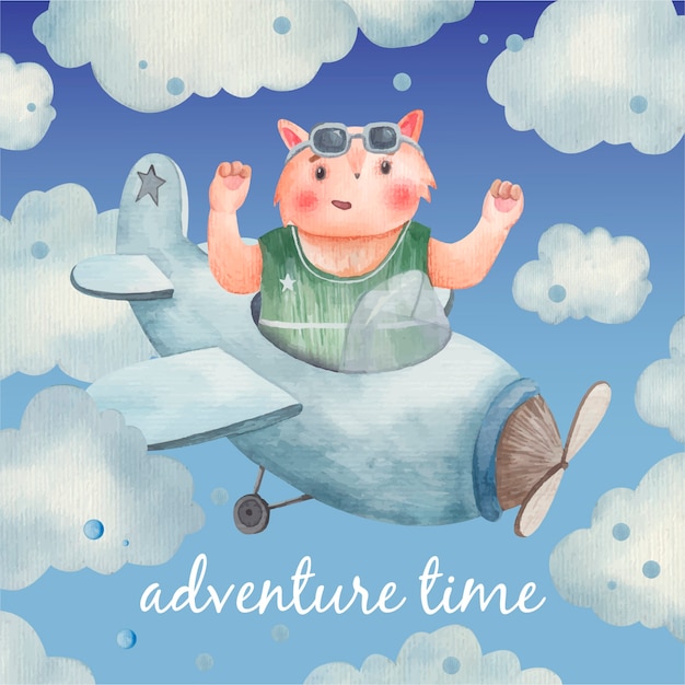 Schattige babykaart, dier op vliegtuigen in de wolken, vos in de lucht, kinderillustratie in waterverf