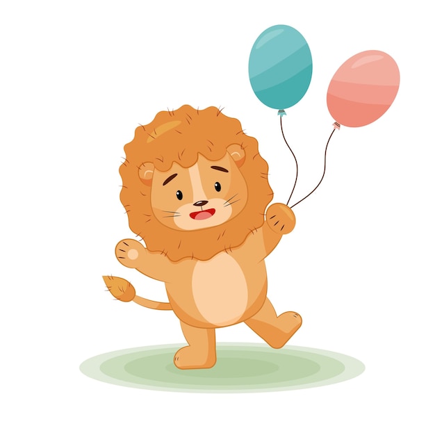 Schattige babyleeuw met verjaardagsballonnen Kinderillustratie