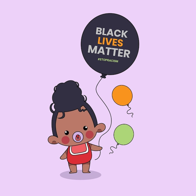 Schattige babymensen met een ballon met de woorden Black Lives Matter erop geschreven. Zwarte geschiedenis maand illustratie